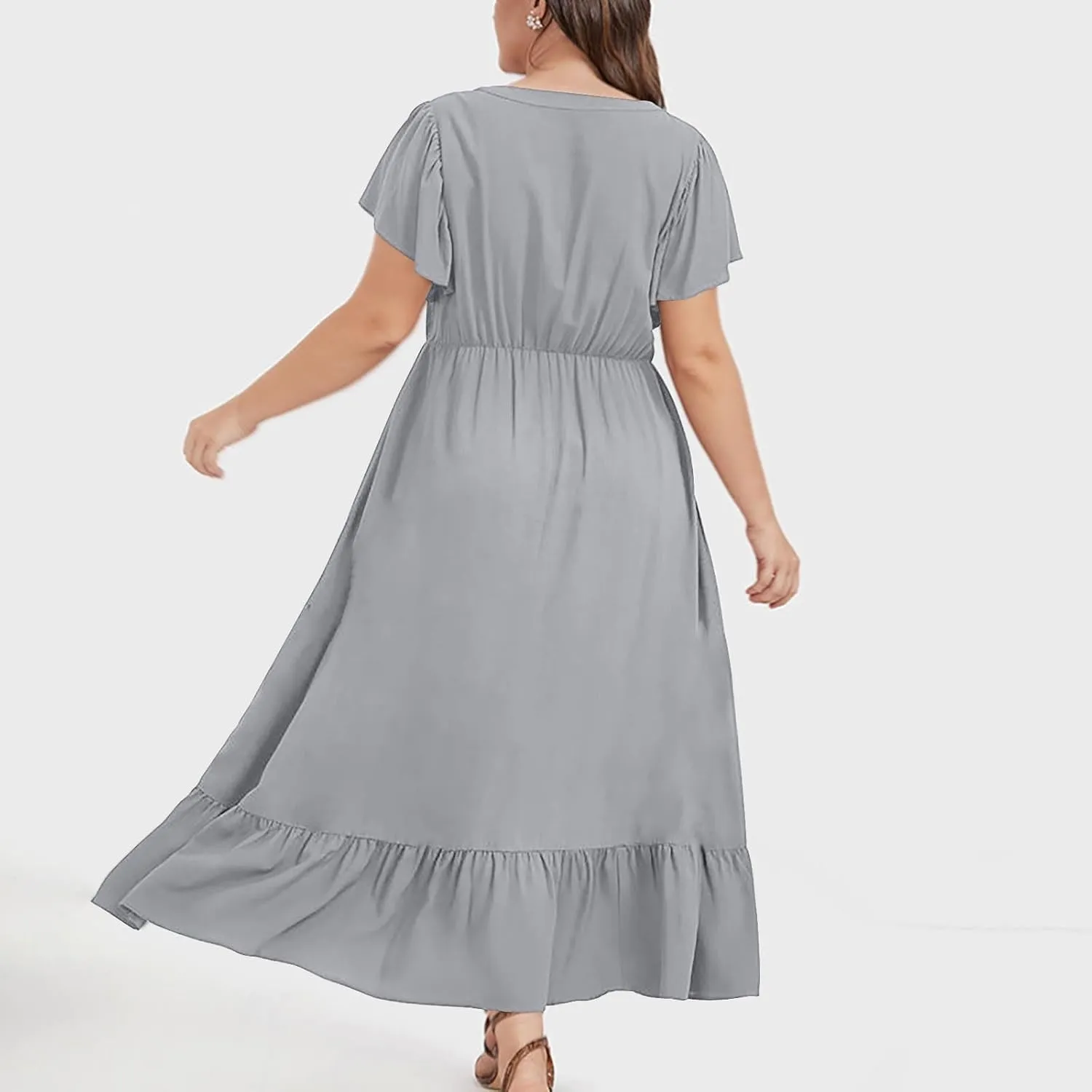 Women's 2025 Summer Casual Dresses Flutter Short Sleeve Smocked Elastic Waist Tiered Midi Dress Pocket Plus L-5XL