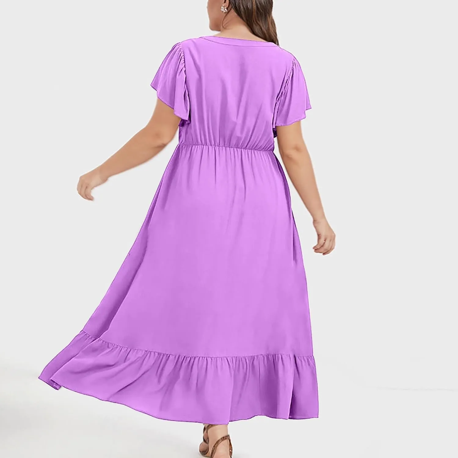 Women's 2025 Summer Casual Dresses Flutter Short Sleeve Smocked Elastic Waist Tiered Midi Dress Pocket Plus L-5XL