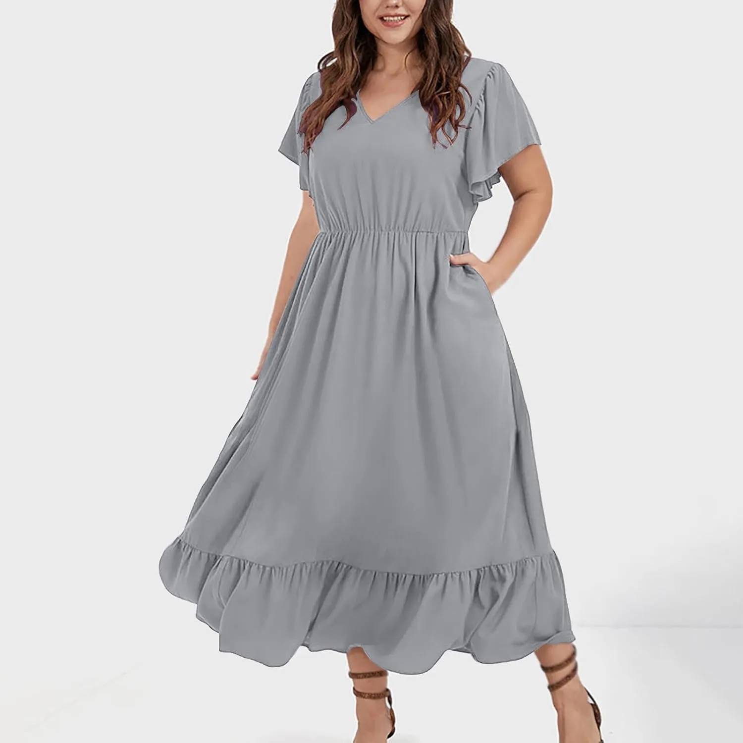 Women's 2025 Summer Casual Dresses Flutter Short Sleeve Smocked Elastic Waist Tiered Midi Dress Pocket Plus L-5XL