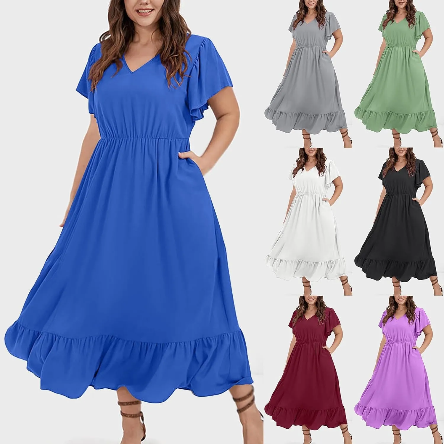 Women's 2025 Summer Casual Dresses Flutter Short Sleeve Smocked Elastic Waist Tiered Midi Dress Pocket Plus L-5XL