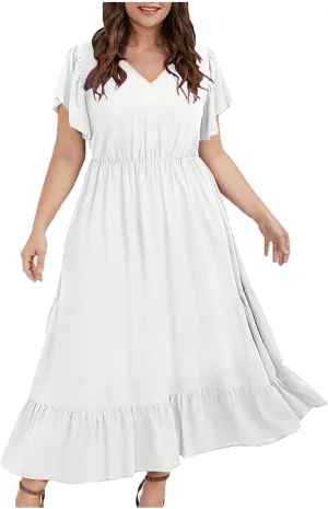 Women's 2025 Summer Casual Dresses Flutter Short Sleeve Smocked Elastic Waist Tiered Midi Dress Pocket Plus L-5XL