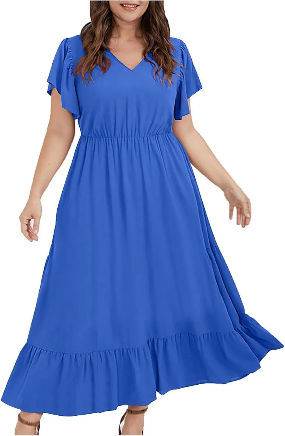 Women's 2025 Summer Casual Dresses Flutter Short Sleeve Smocked Elastic Waist Tiered Midi Dress Pocket Plus L-5XL