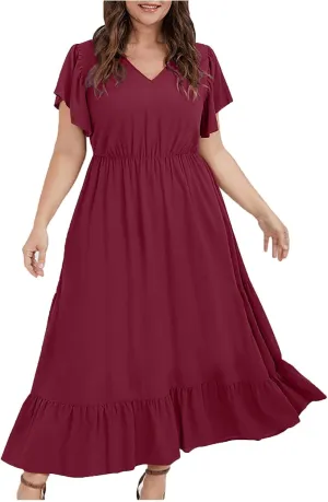 Women's 2025 Summer Casual Dresses Flutter Short Sleeve Smocked Elastic Waist Tiered Midi Dress Pocket Plus L-5XL