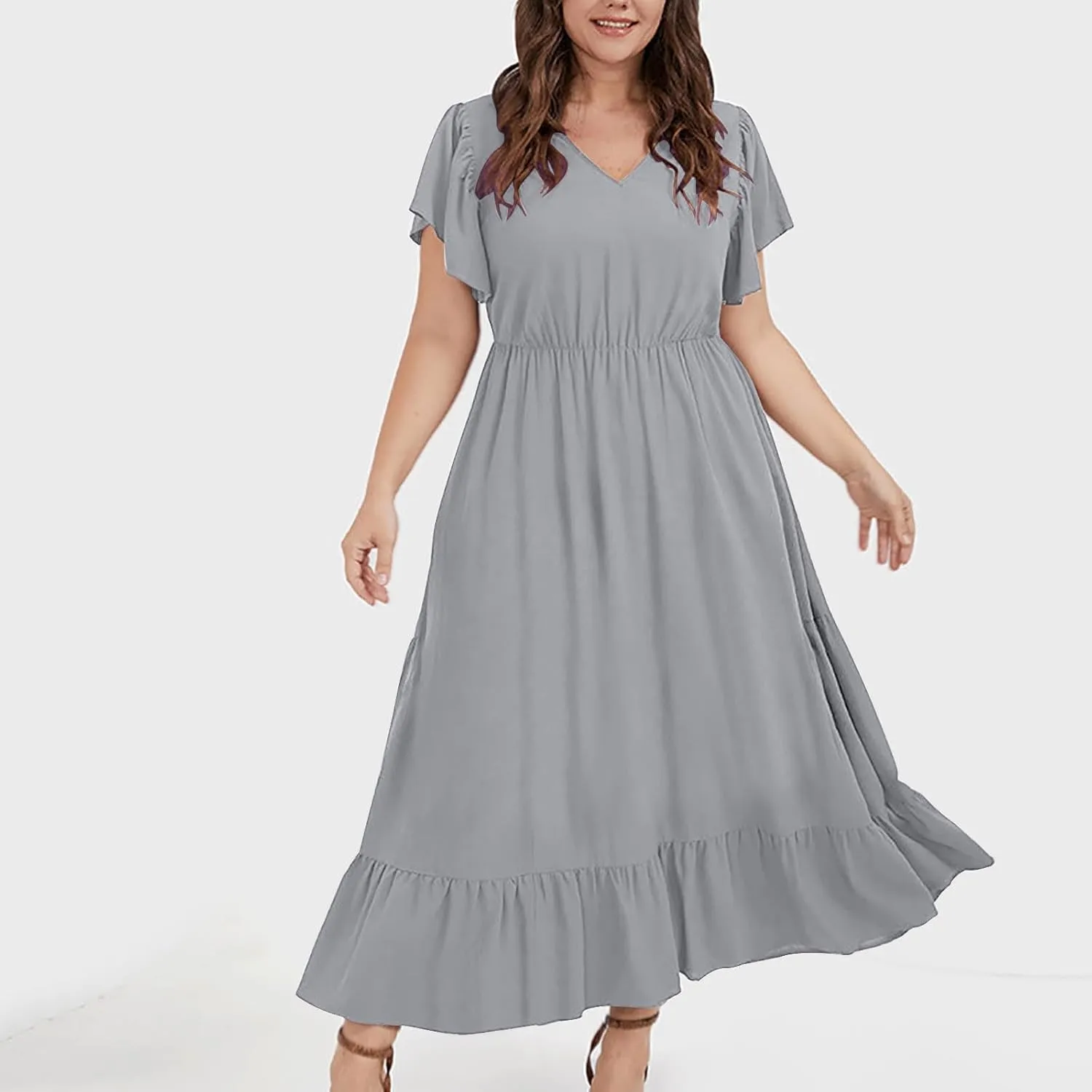 Women's 2025 Summer Casual Dresses Flutter Short Sleeve Smocked Elastic Waist Tiered Midi Dress Pocket Plus L-5XL