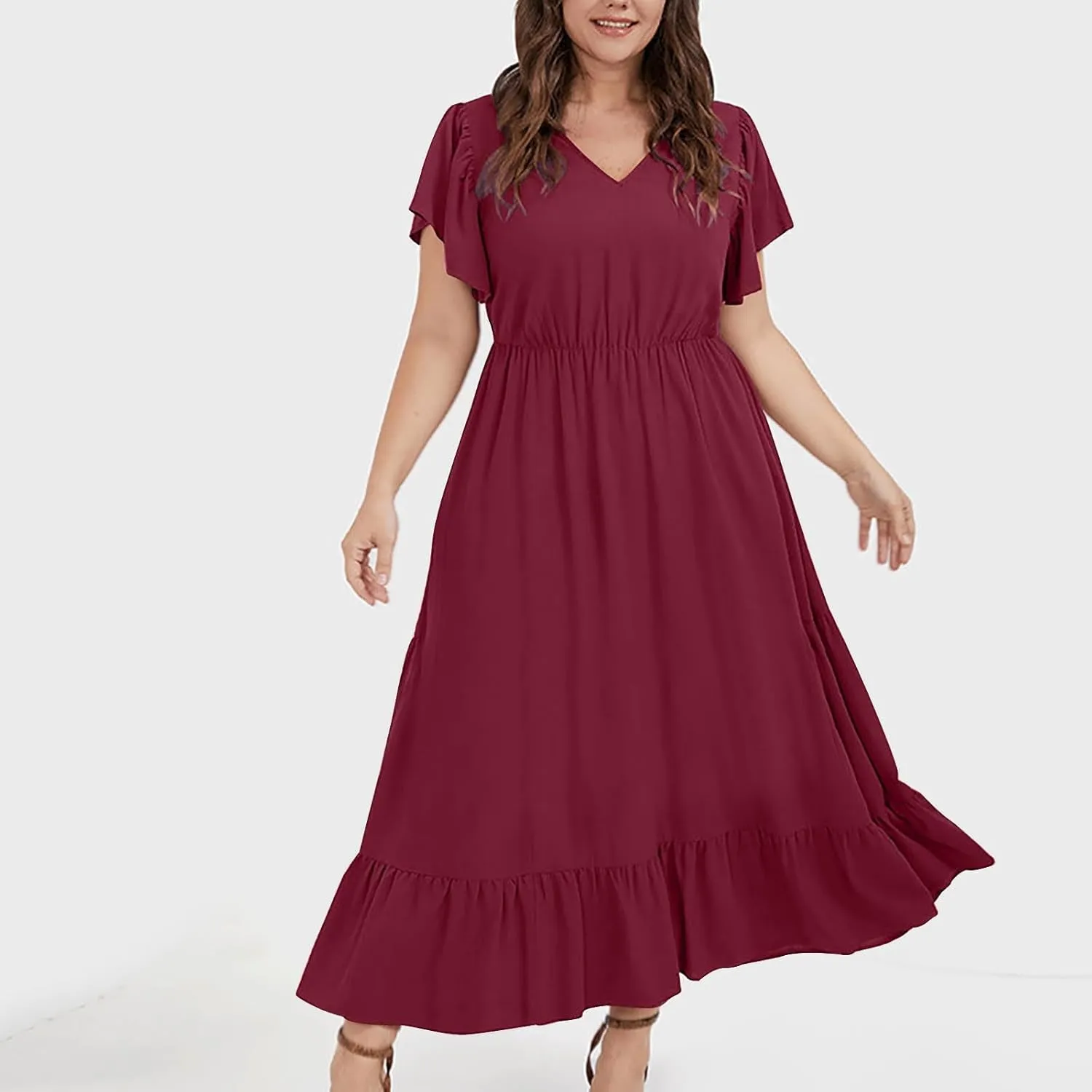 Women's 2025 Summer Casual Dresses Flutter Short Sleeve Smocked Elastic Waist Tiered Midi Dress Pocket Plus L-5XL