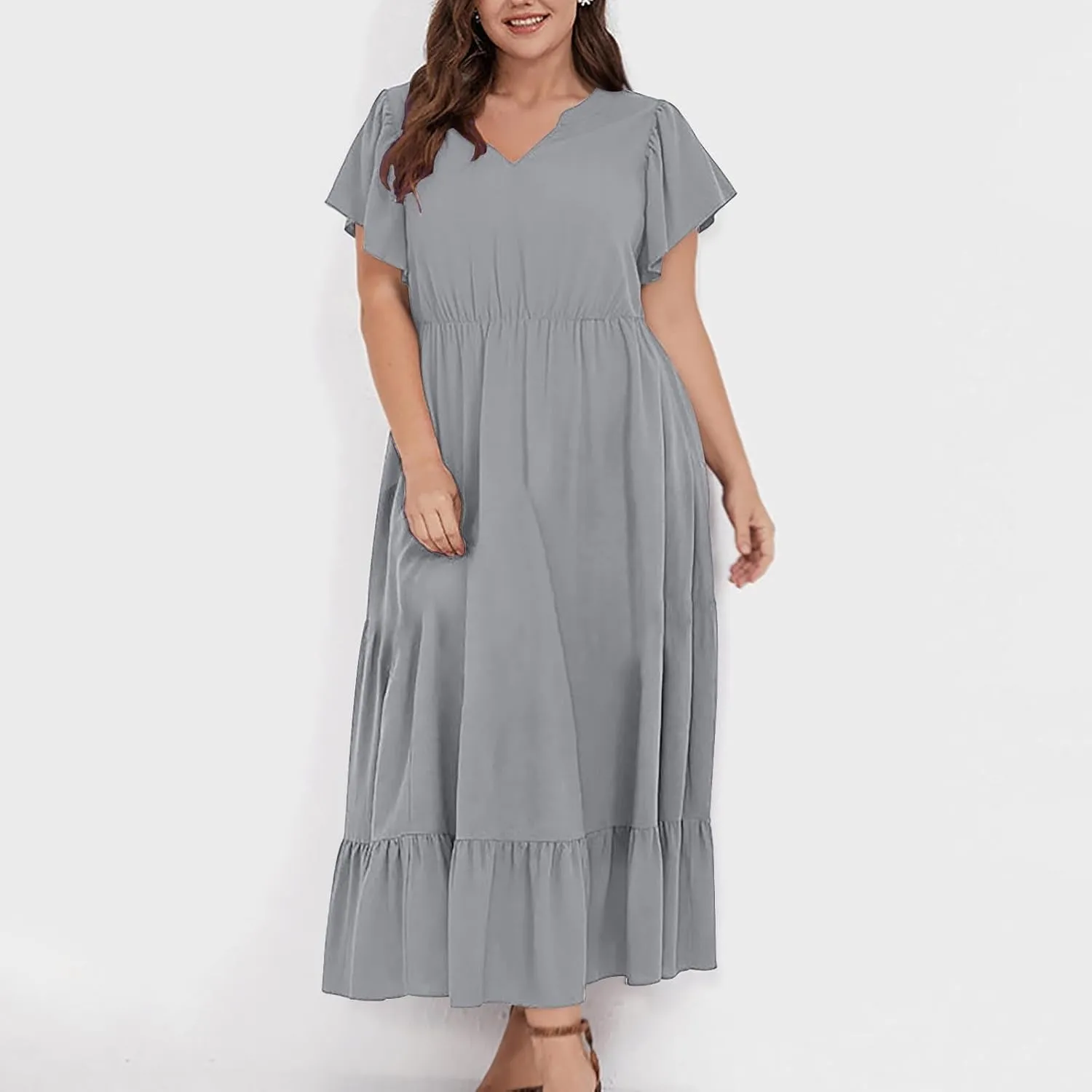 Women's 2025 Summer Casual Dresses Flutter Short Sleeve Smocked Elastic Waist Tiered Midi Dress Pocket Plus L-5XL