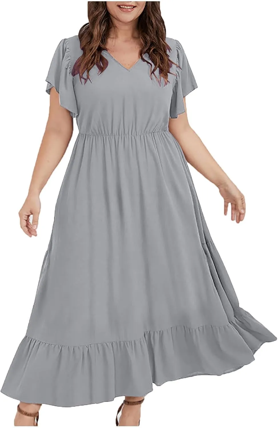 Women's 2025 Summer Casual Dresses Flutter Short Sleeve Smocked Elastic Waist Tiered Midi Dress Pocket Plus L-5XL