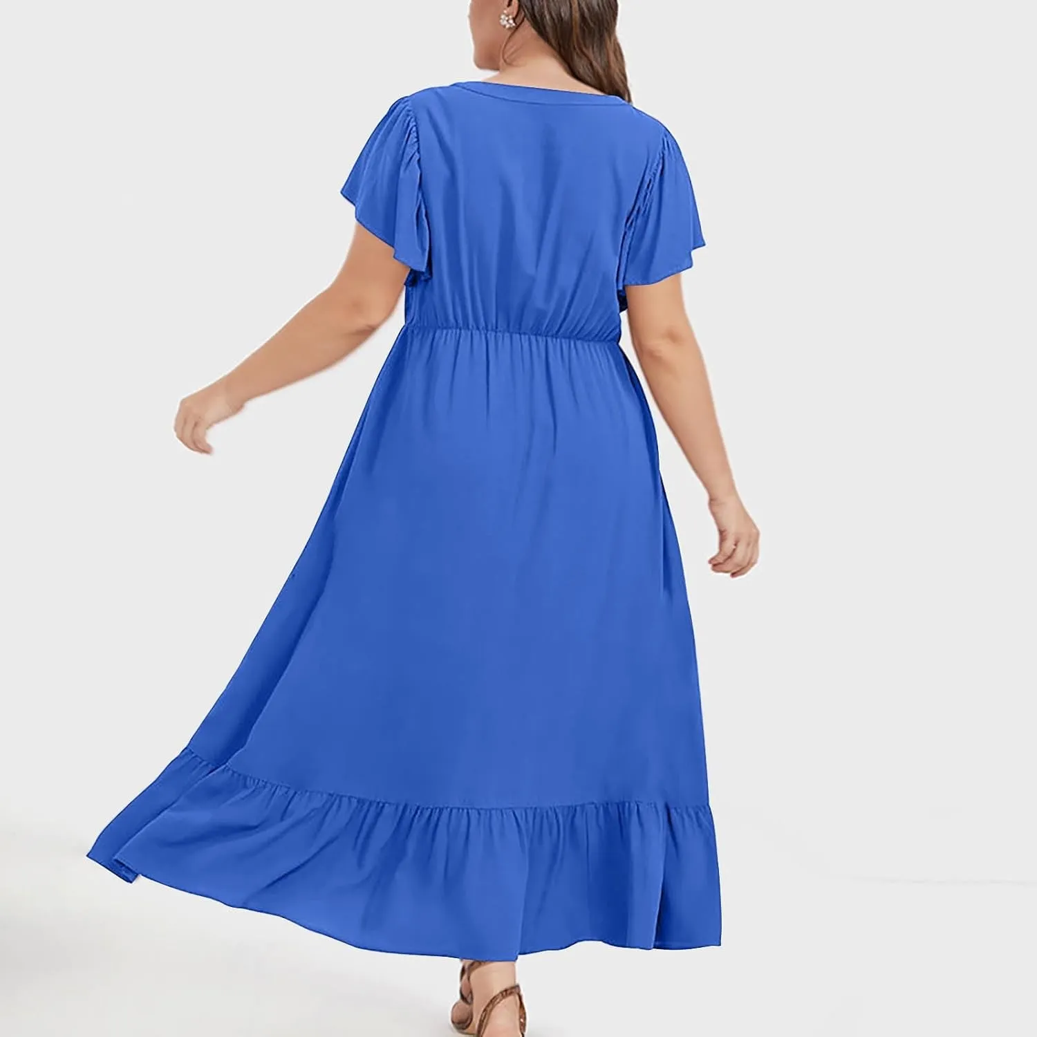 Women's 2025 Summer Casual Dresses Flutter Short Sleeve Smocked Elastic Waist Tiered Midi Dress Pocket Plus L-5XL