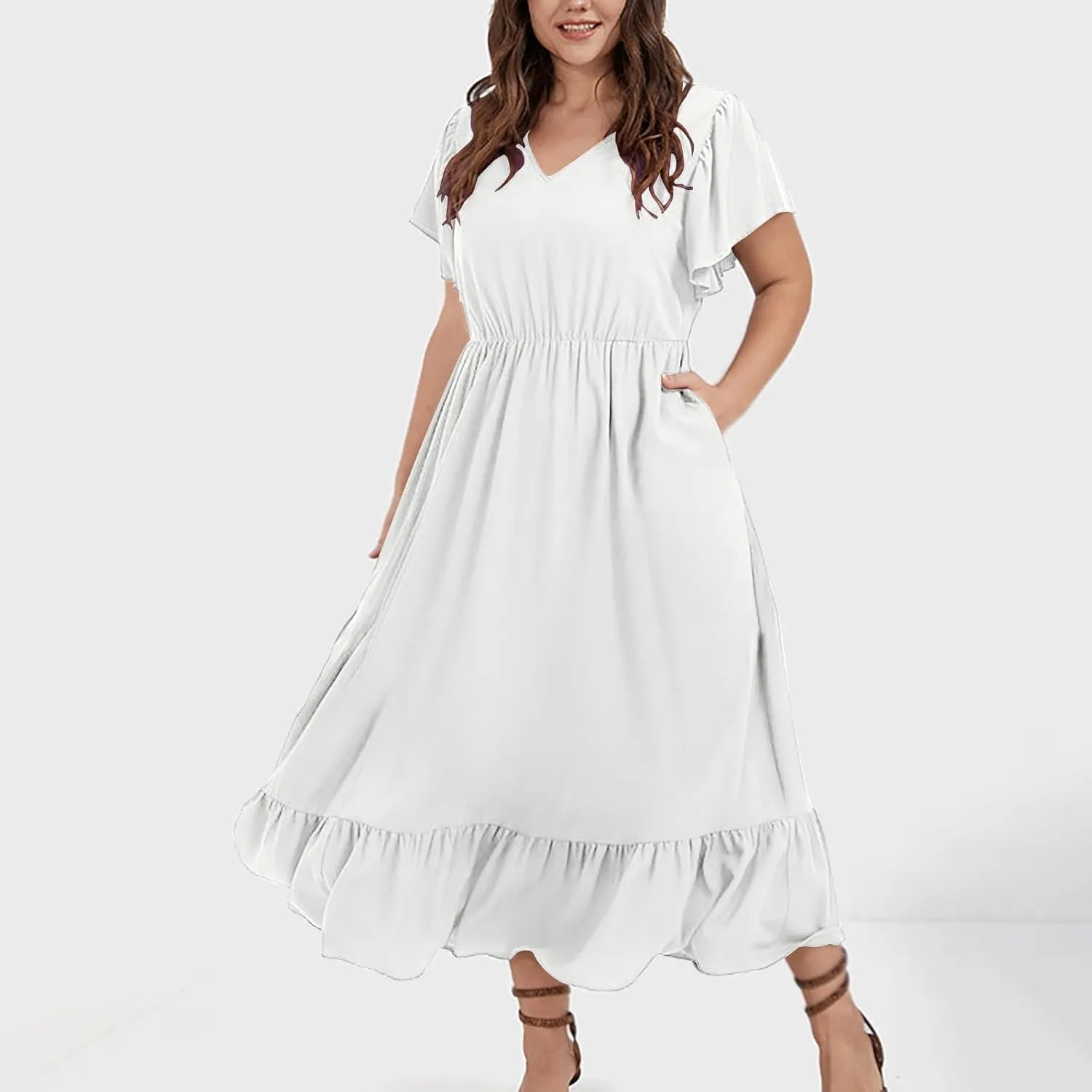 Women's 2025 Summer Casual Dresses Flutter Short Sleeve Smocked Elastic Waist Tiered Midi Dress Pocket Plus L-5XL