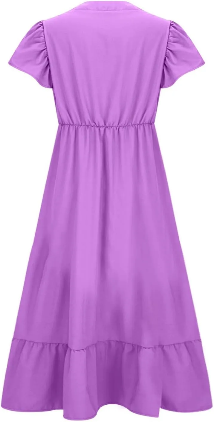Women's 2025 Summer Casual Dresses Flutter Short Sleeve Smocked Elastic Waist Tiered Midi Dress Pocket Plus L-5XL