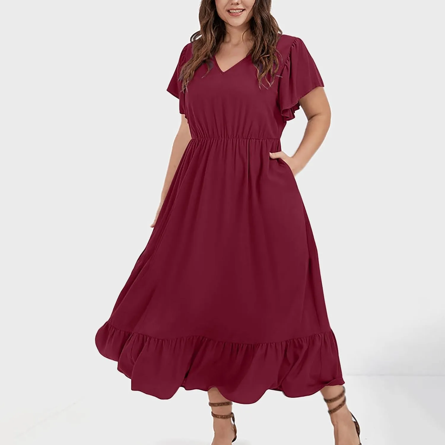 Women's 2025 Summer Casual Dresses Flutter Short Sleeve Smocked Elastic Waist Tiered Midi Dress Pocket Plus L-5XL