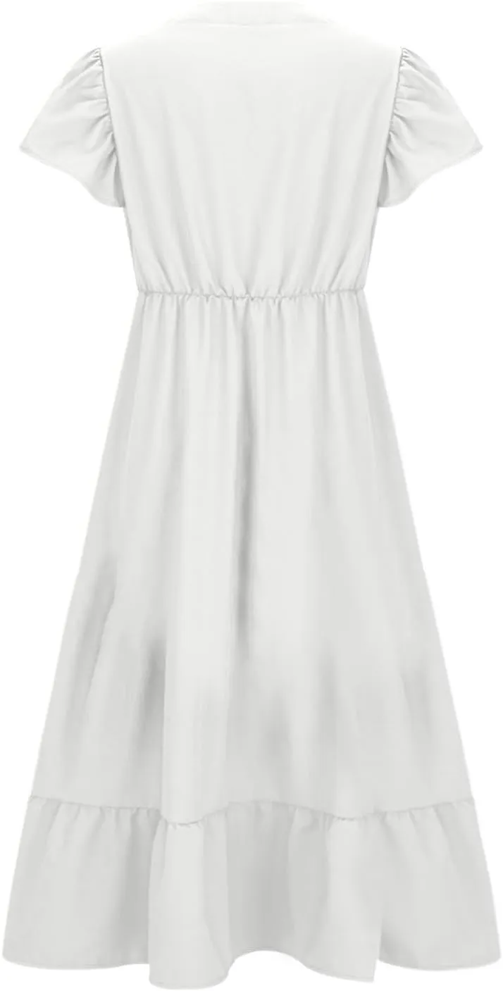 Women's 2025 Summer Casual Dresses Flutter Short Sleeve Smocked Elastic Waist Tiered Midi Dress Pocket Plus L-5XL
