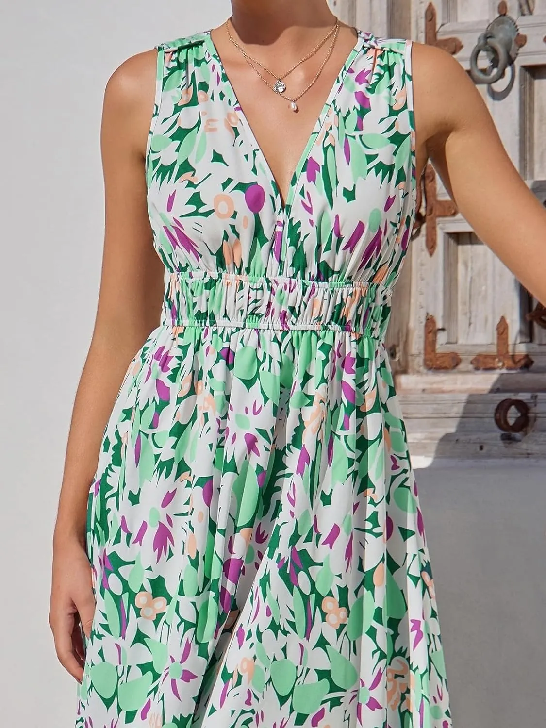 Womens 2025 Summer Sleeveless V Neck Boho Long Dress Floral Print Beach Maxi Sundresses