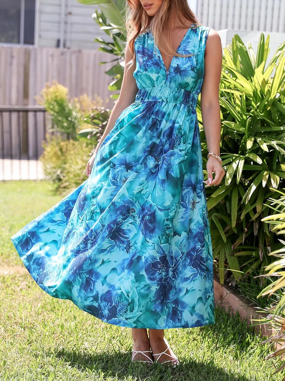 Womens 2025 Summer Sleeveless V Neck Boho Long Dress Floral Print Beach Maxi Sundresses