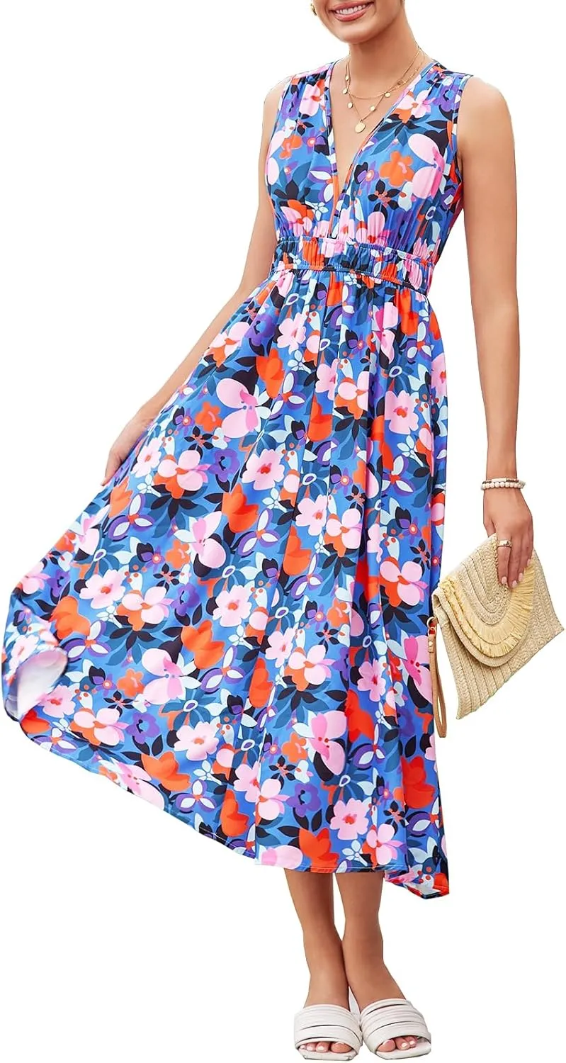 Womens 2025 Summer Sleeveless V Neck Boho Long Dress Floral Print Beach Maxi Sundresses