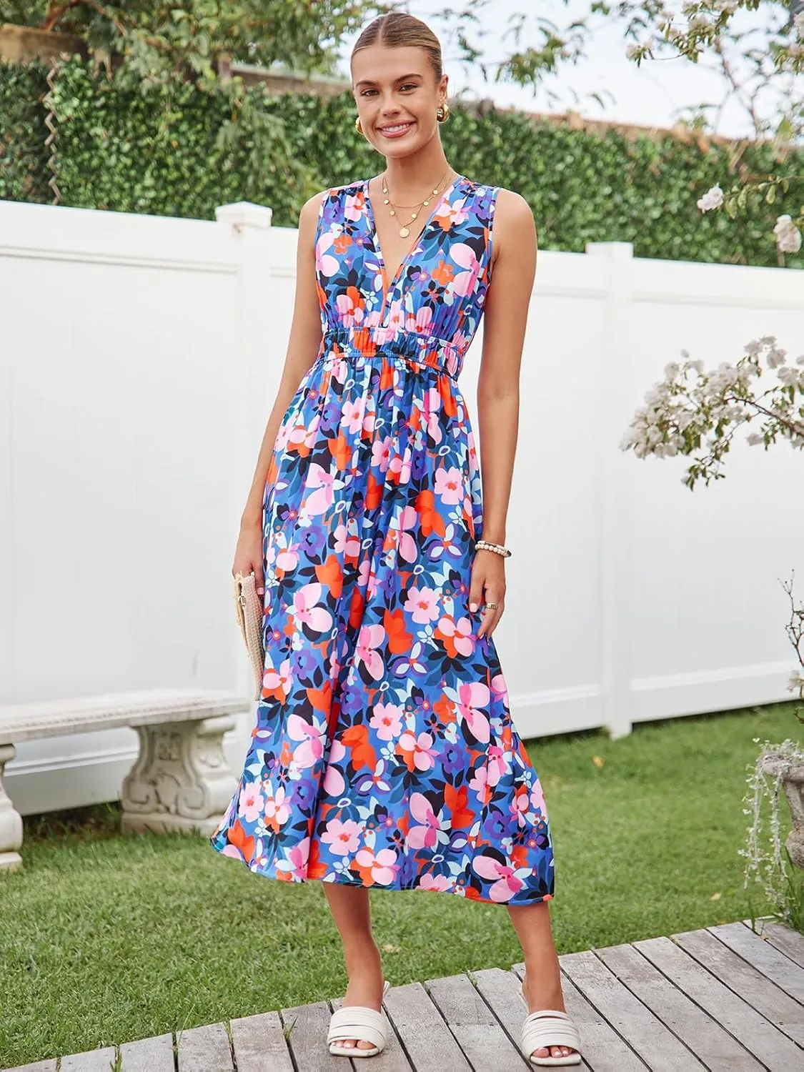 Womens 2025 Summer Sleeveless V Neck Boho Long Dress Floral Print Beach Maxi Sundresses
