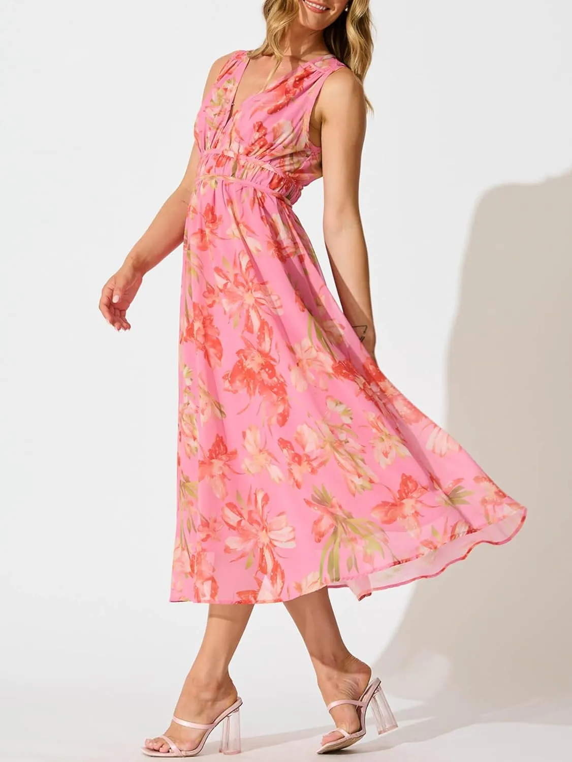 Womens 2025 Summer Sleeveless V Neck Boho Long Dress Floral Print Beach Maxi Sundresses