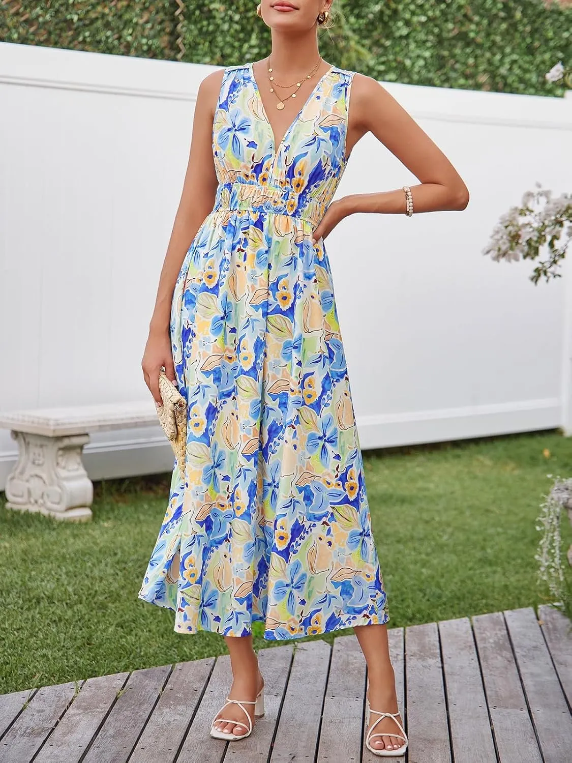 Womens 2025 Summer Sleeveless V Neck Boho Long Dress Floral Print Beach Maxi Sundresses