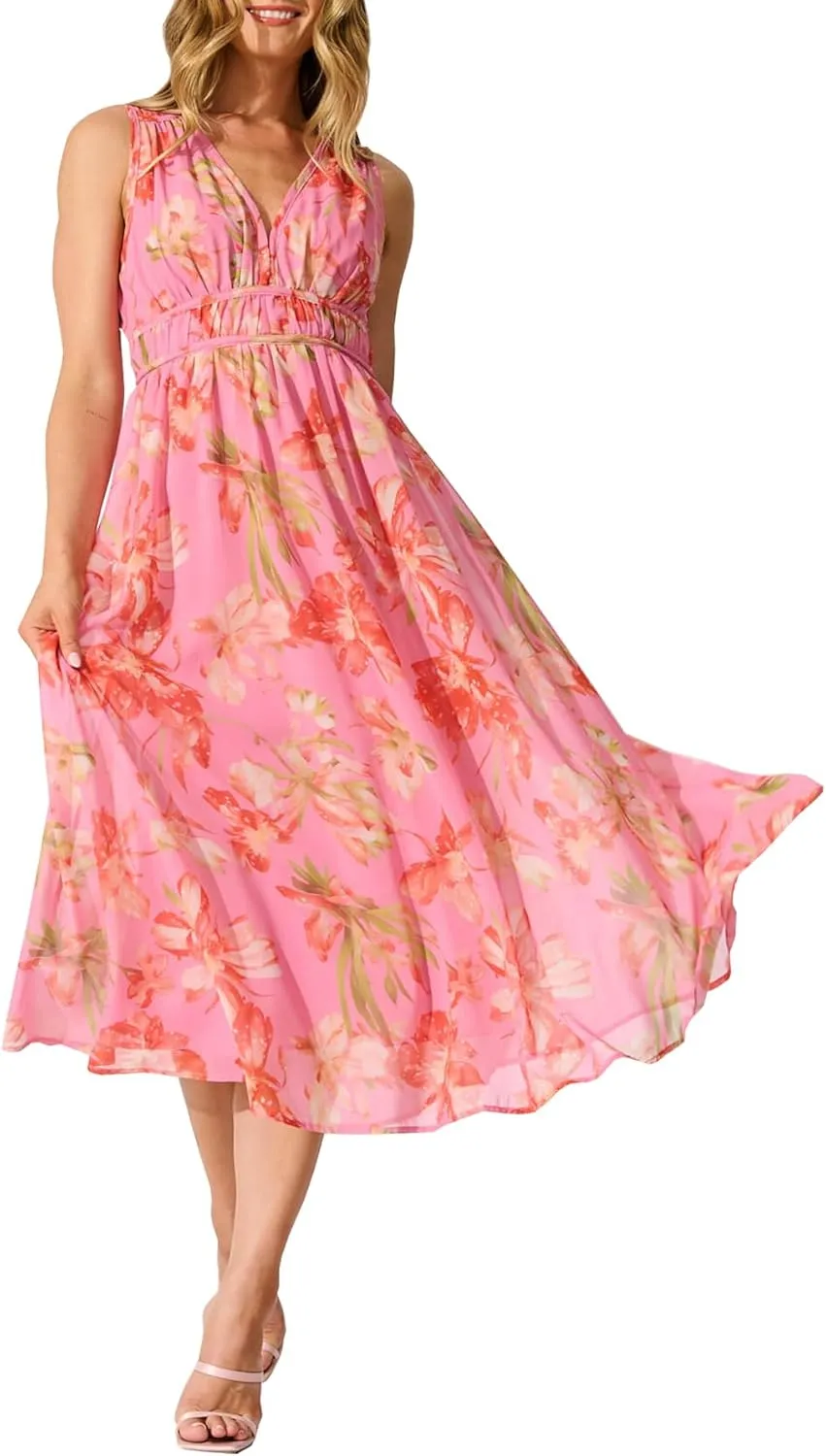 Womens 2025 Summer Sleeveless V Neck Boho Long Dress Floral Print Beach Maxi Sundresses