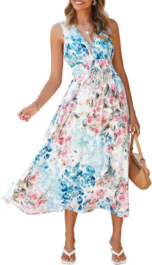Womens 2025 Summer Sleeveless V Neck Boho Long Dress Floral Print Beach Maxi Sundresses