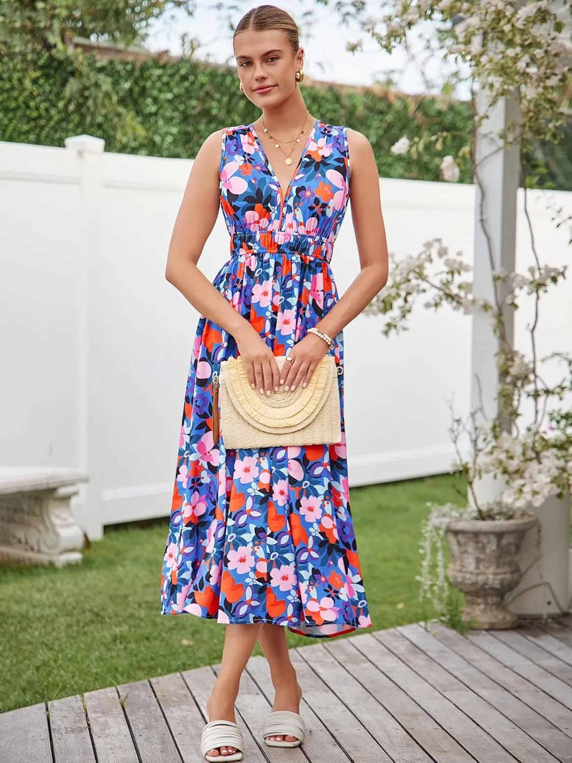 Womens 2025 Summer Sleeveless V Neck Boho Long Dress Floral Print Beach Maxi Sundresses