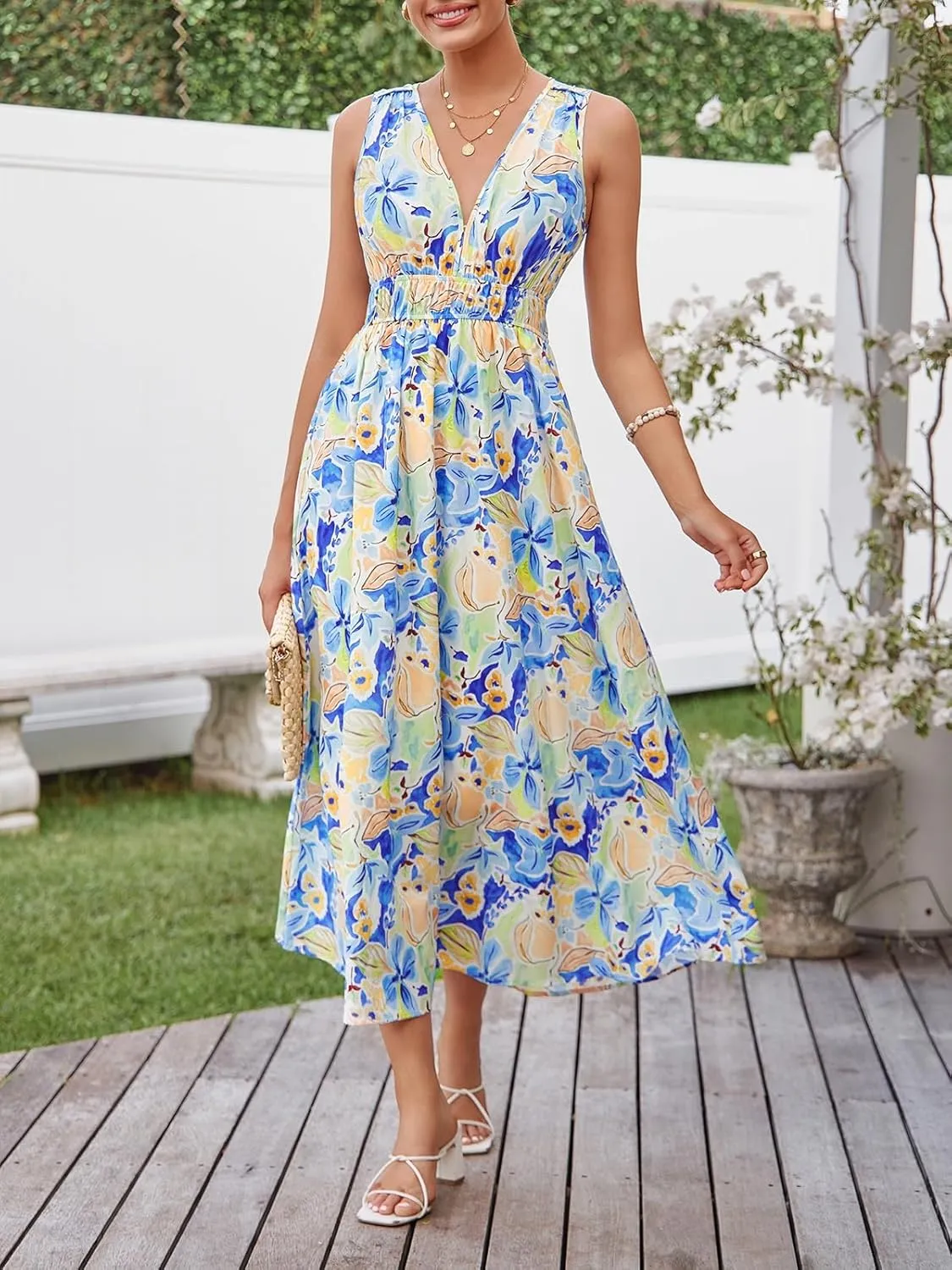 Womens 2025 Summer Sleeveless V Neck Boho Long Dress Floral Print Beach Maxi Sundresses