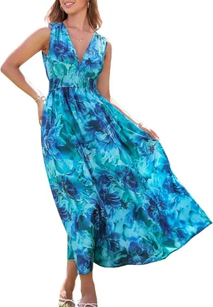 Womens 2025 Summer Sleeveless V Neck Boho Long Dress Floral Print Beach Maxi Sundresses