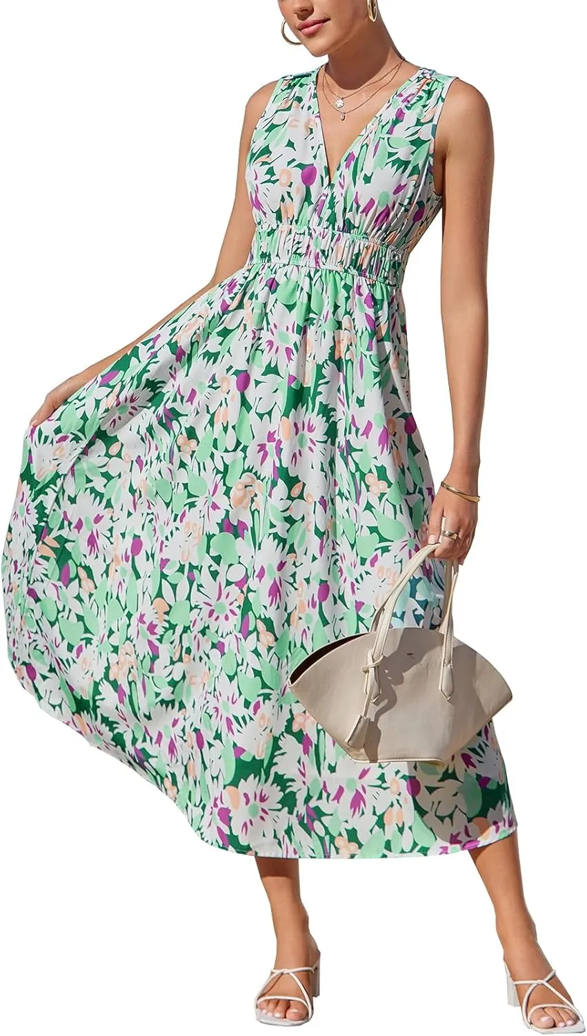 Womens 2025 Summer Sleeveless V Neck Boho Long Dress Floral Print Beach Maxi Sundresses
