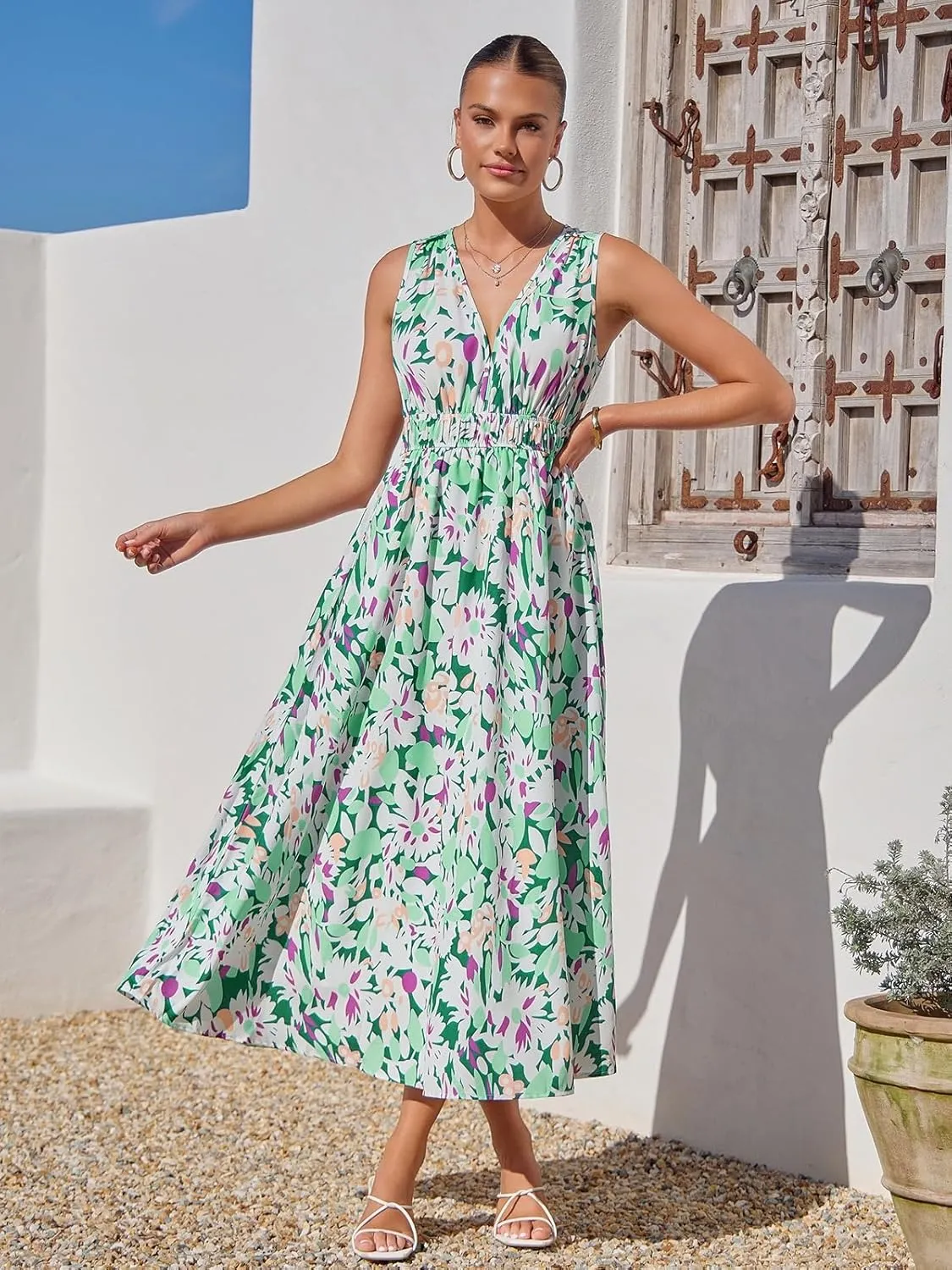 Womens 2025 Summer Sleeveless V Neck Boho Long Dress Floral Print Beach Maxi Sundresses