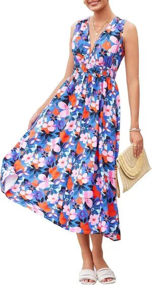 Womens 2025 Summer Sleeveless V Neck Boho Long Dress Floral Print Beach Maxi Sundresses