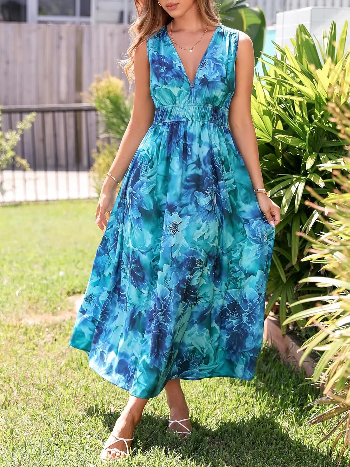 Womens 2025 Summer Sleeveless V Neck Boho Long Dress Floral Print Beach Maxi Sundresses