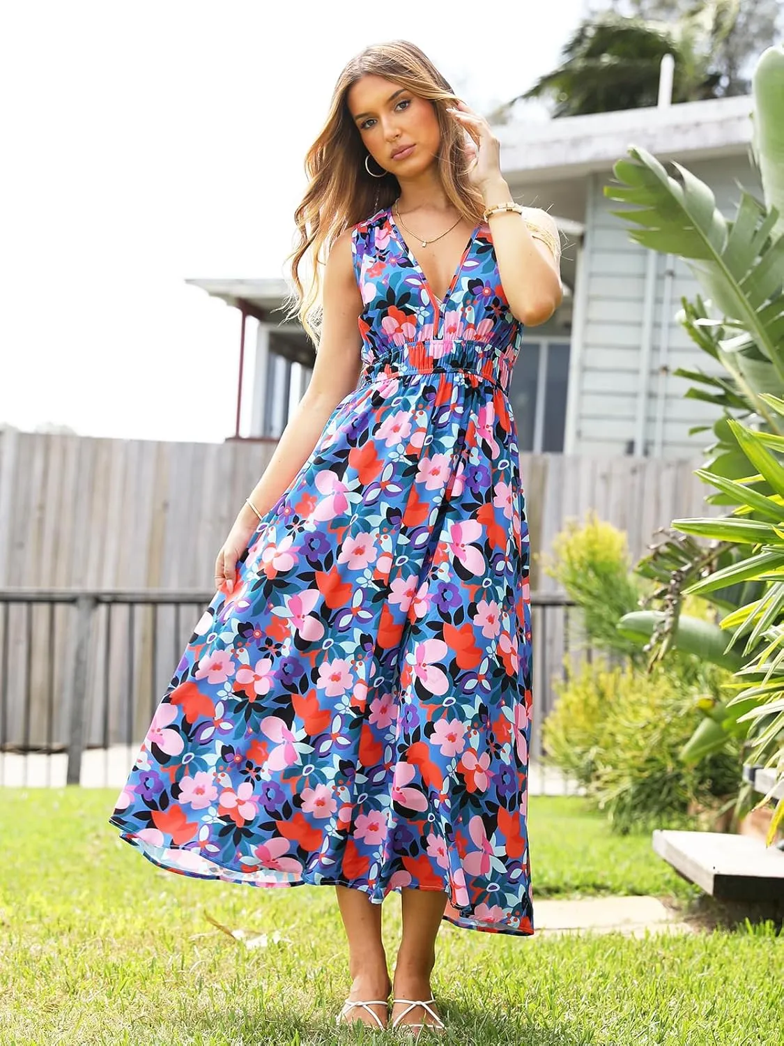 Womens 2025 Summer Sleeveless V Neck Boho Long Dress Floral Print Beach Maxi Sundresses
