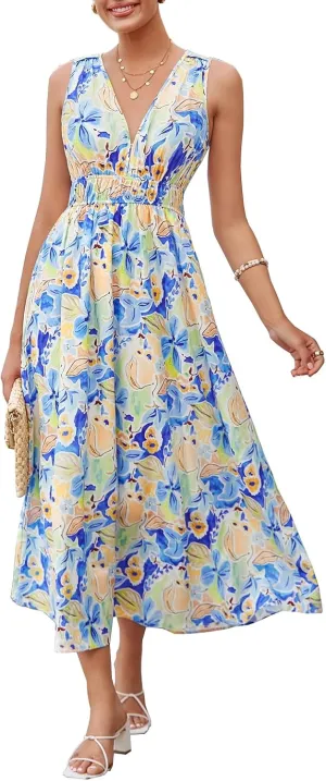 Womens 2025 Summer Sleeveless V Neck Boho Long Dress Floral Print Beach Maxi Sundresses