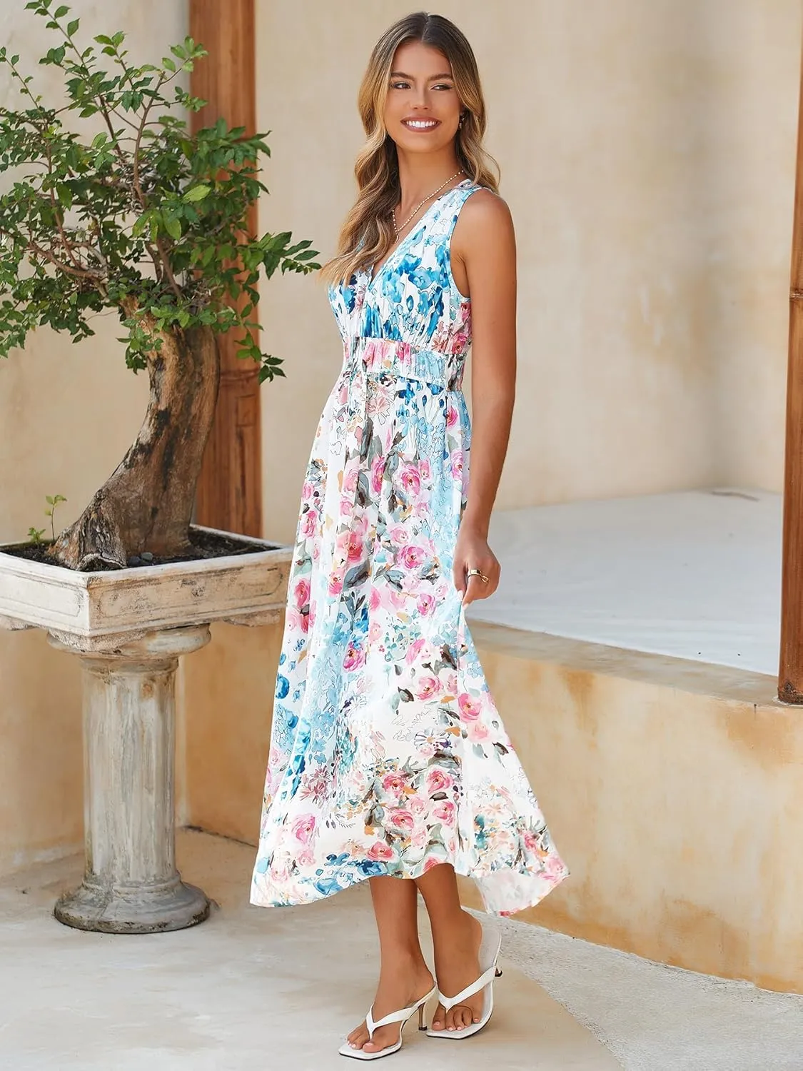 Womens 2025 Summer Sleeveless V Neck Boho Long Dress Floral Print Beach Maxi Sundresses
