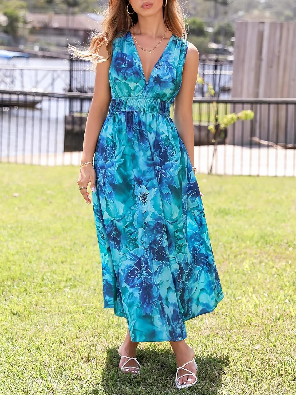 Womens 2025 Summer Sleeveless V Neck Boho Long Dress Floral Print Beach Maxi Sundresses