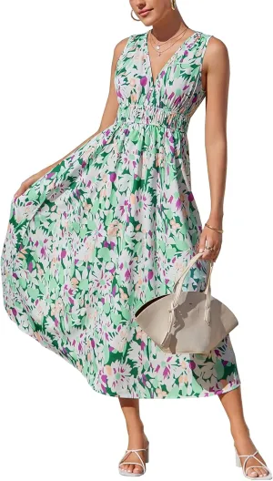 Womens 2025 Summer Sleeveless V Neck Boho Long Dress Floral Print Beach Maxi Sundresses