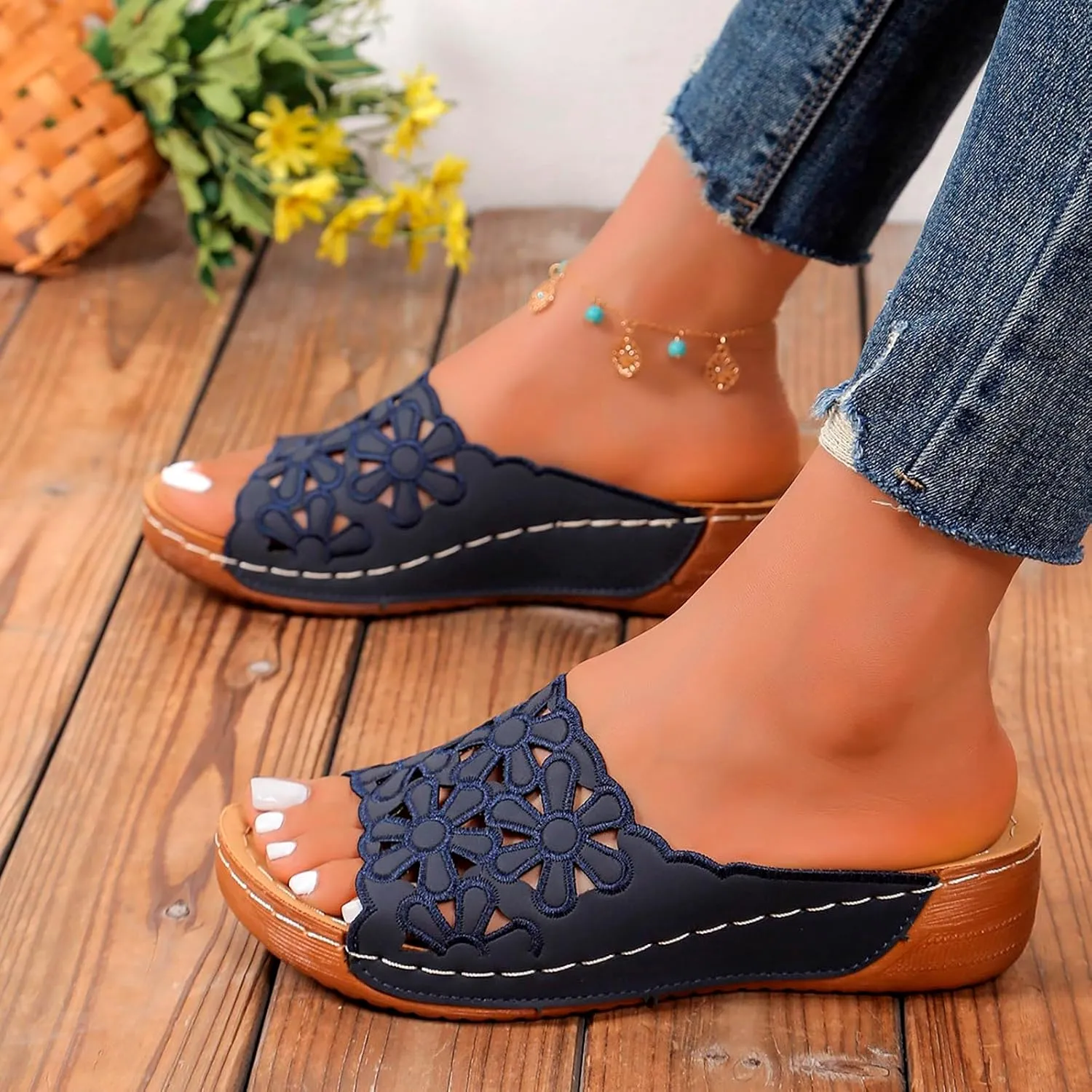 Women's Arch Support Platform Sandals Slip on Wedge Sandal with Elastic Orthopedic Sandals with Arch Support