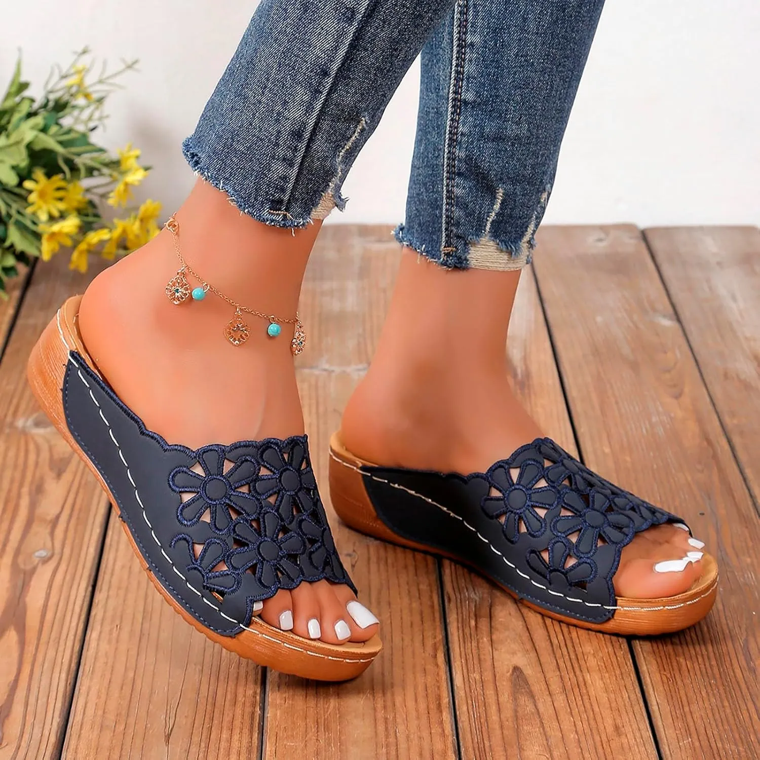 Women's Arch Support Platform Sandals Slip on Wedge Sandal with Elastic Orthopedic Sandals with Arch Support