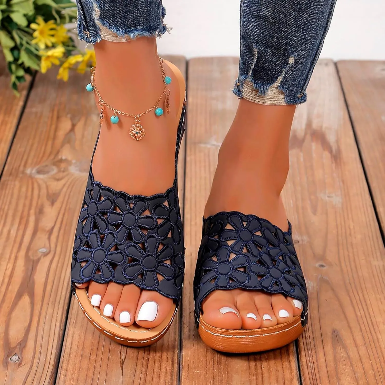 Women's Arch Support Platform Sandals Slip on Wedge Sandal with Elastic Orthopedic Sandals with Arch Support