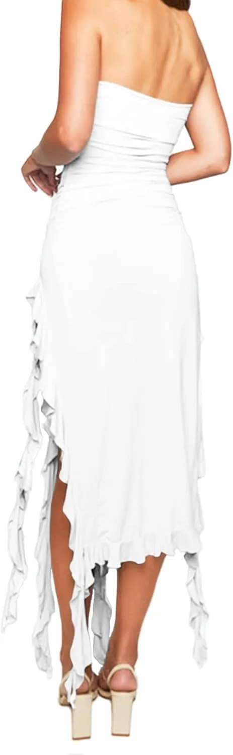 Womens Bodycon Tube Dress Sexy Strapless Y2K Ruffle Trim Irregular Floral Tassel Split Ruched Club Night Party Midi Dress