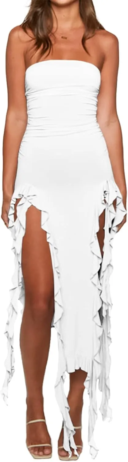 Womens Bodycon Tube Dress Sexy Strapless Y2K Ruffle Trim Irregular Floral Tassel Split Ruched Club Night Party Midi Dress
