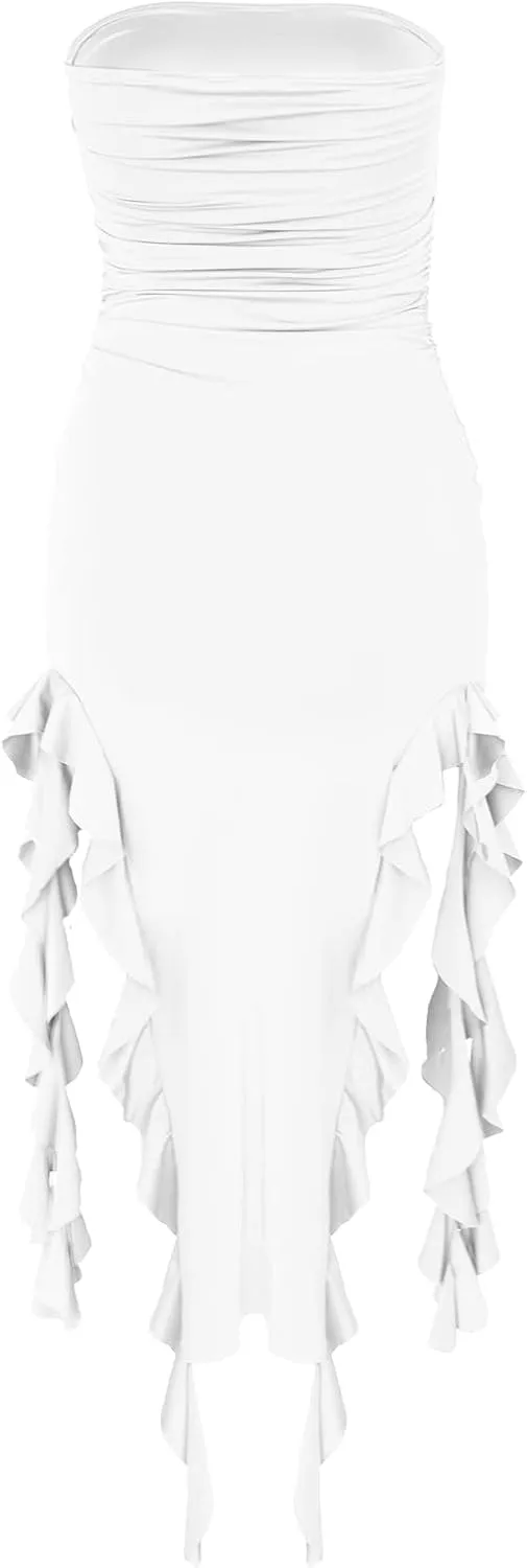 Womens Bodycon Tube Dress Sexy Strapless Y2K Ruffle Trim Irregular Floral Tassel Split Ruched Club Night Party Midi Dress