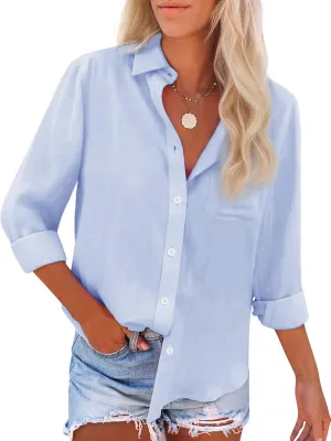 Womens Button Down Shirts Cotton Dress Shirts Oxford Shirts Long Sleeve Work Blouses Collared Tops Tunics with Pocket