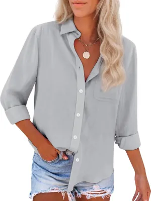 Womens Button Down Shirts Cotton Dress Shirts Oxford Shirts Long Sleeve Work Blouses Collared Tops Tunics with Pocket