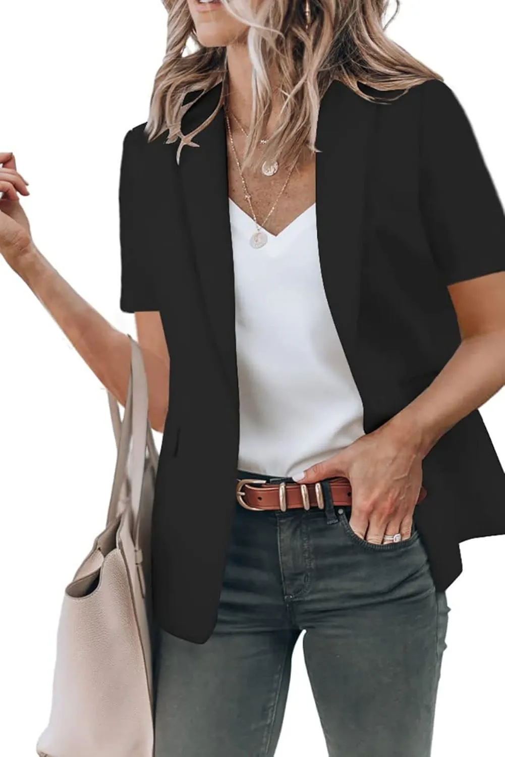 Womens Casual Blazers Open Front Short Sleeve Suit Lapel Jacket Work Office Suit Jackets Blazer with Pockets