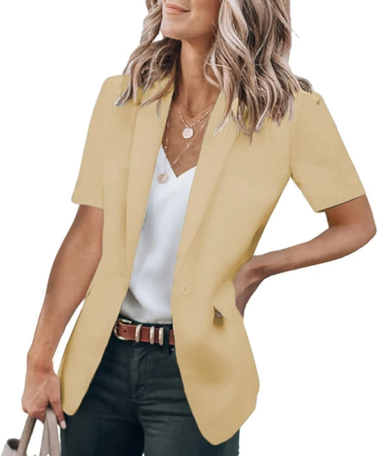 Womens Casual Blazers Open Front Short Sleeve Suit Lapel Jacket Work Office Suit Jackets Blazer with Pockets