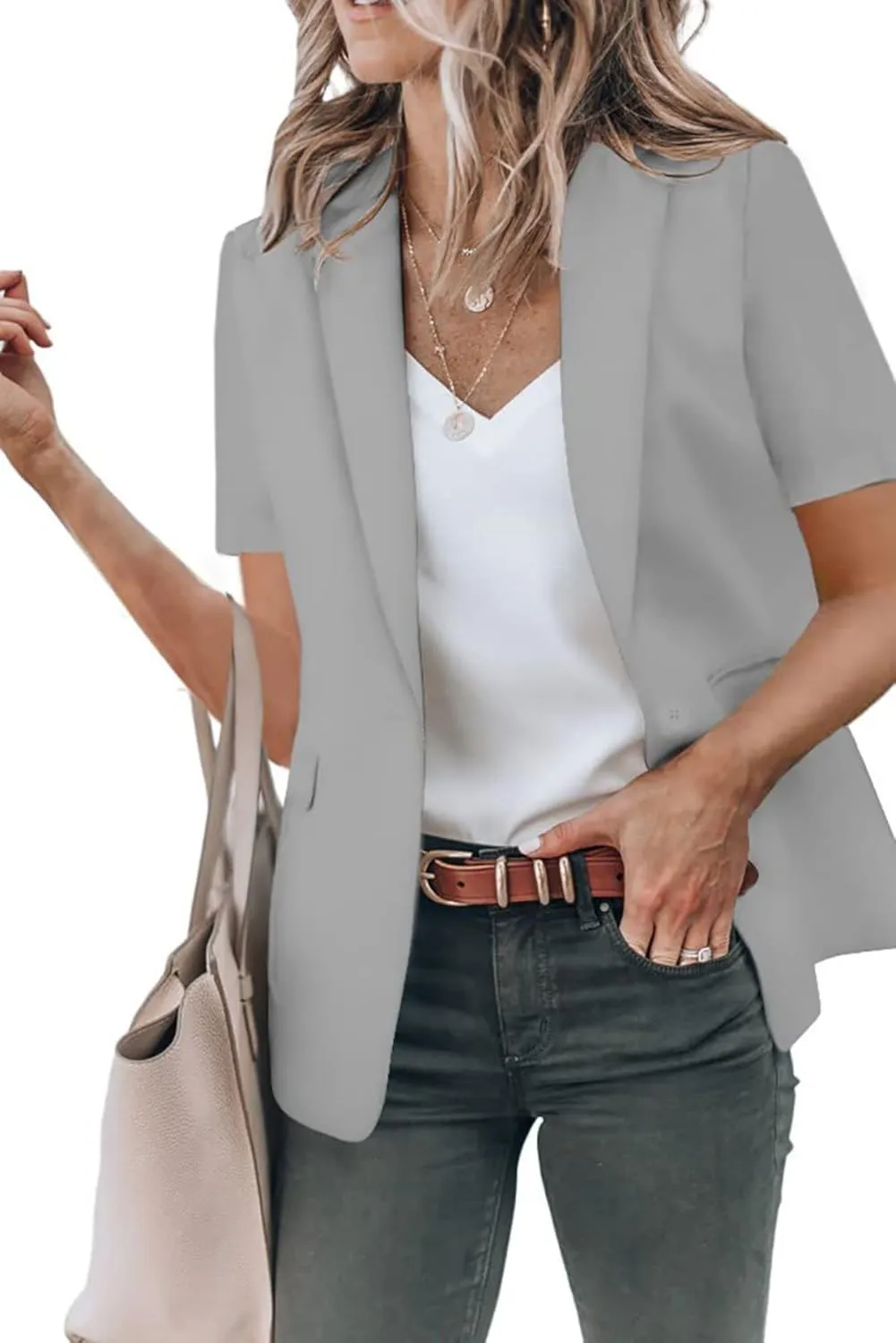 Womens Casual Blazers Open Front Short Sleeve Suit Lapel Jacket Work Office Suit Jackets Blazer with Pockets