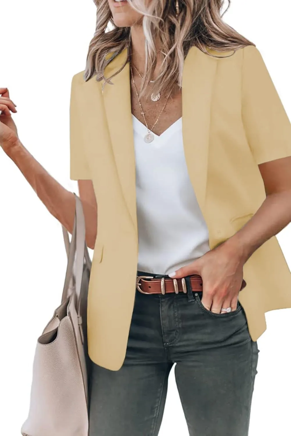 Womens Casual Blazers Open Front Short Sleeve Suit Lapel Jacket Work Office Suit Jackets Blazer with Pockets