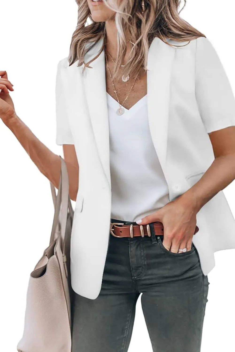 Womens Casual Blazers Open Front Short Sleeve Suit Lapel Jacket Work Office Suit Jackets Blazer with Pockets