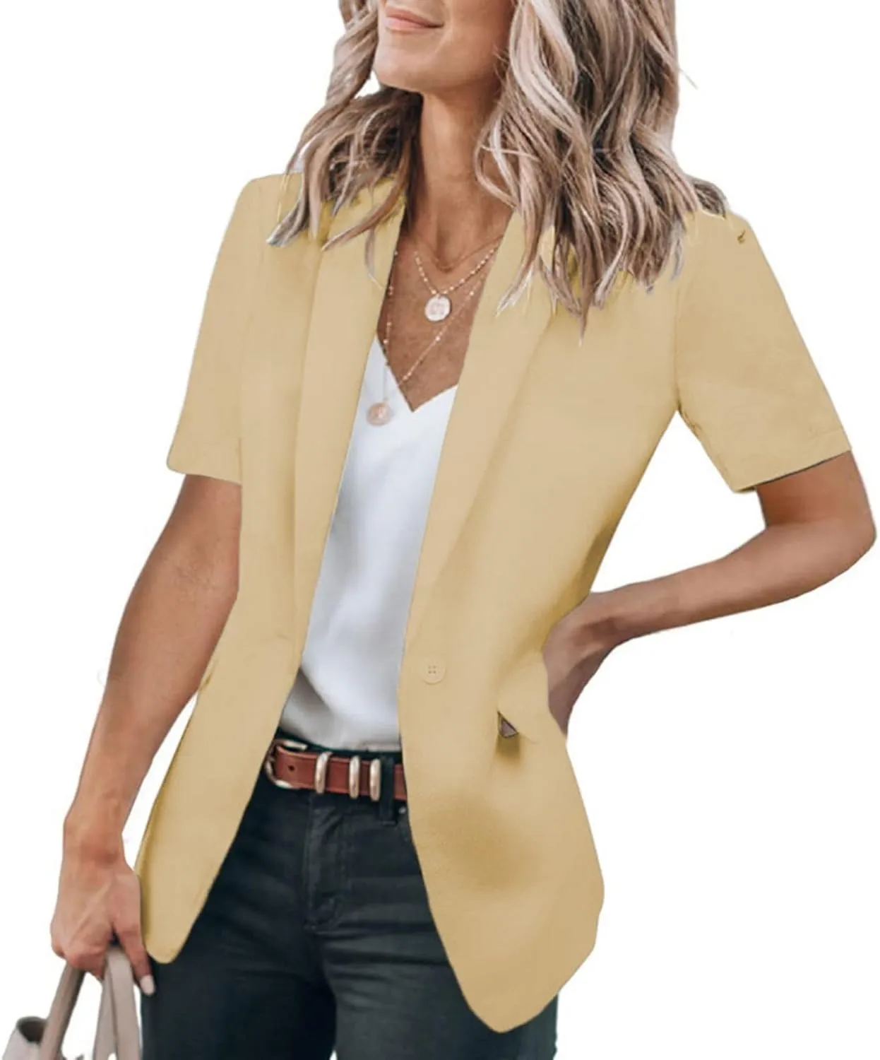 Womens Casual Blazers Open Front Short Sleeve Suit Lapel Jacket Work Office Suit Jackets Blazer with Pockets